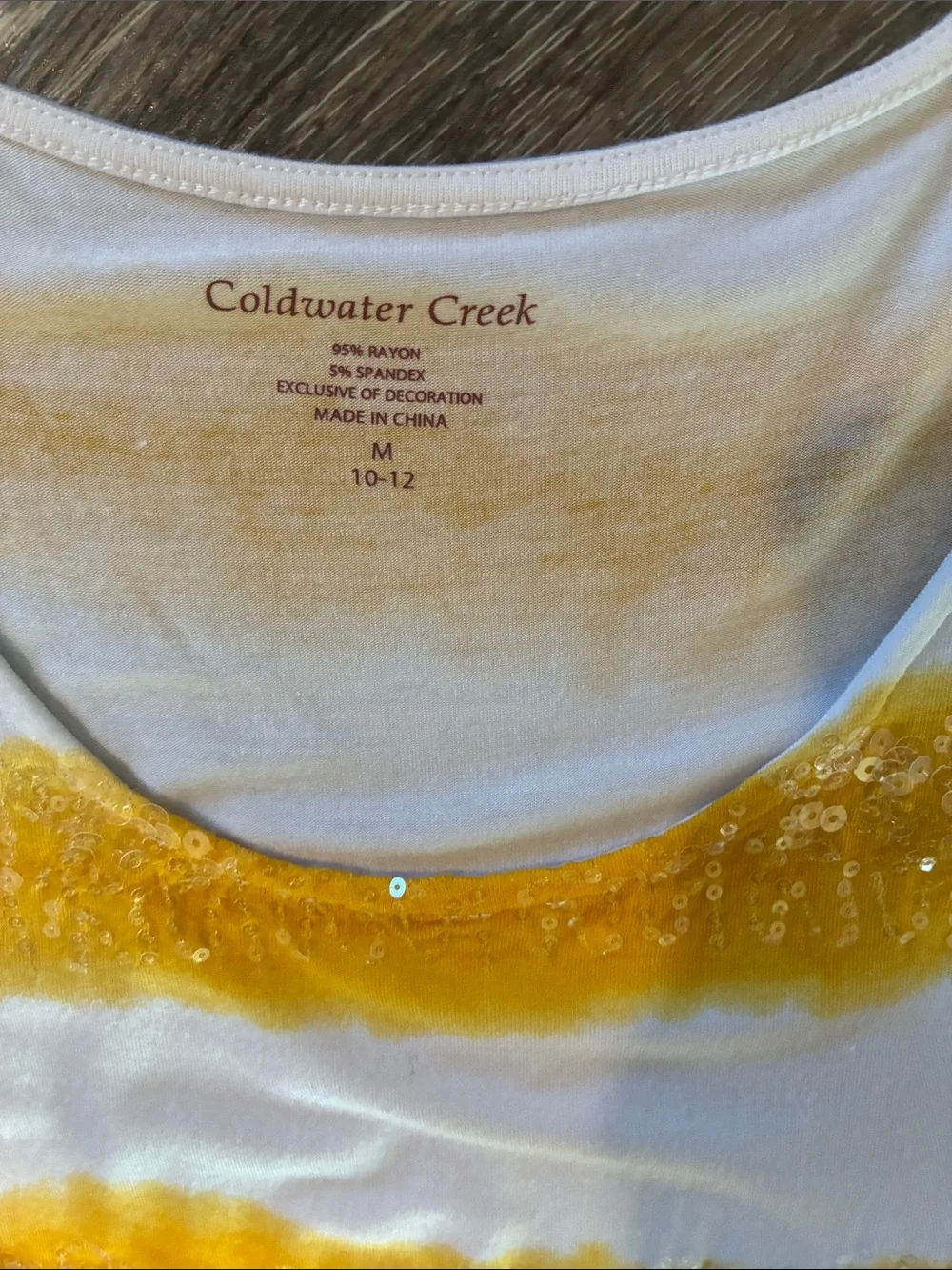 Coldwater Creek White and Yellow Striped Sequin Short Sleeve Tee